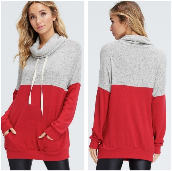 Sporty Red & Gray Color Block Cowl Neck Tunic - Picture 2 of 3